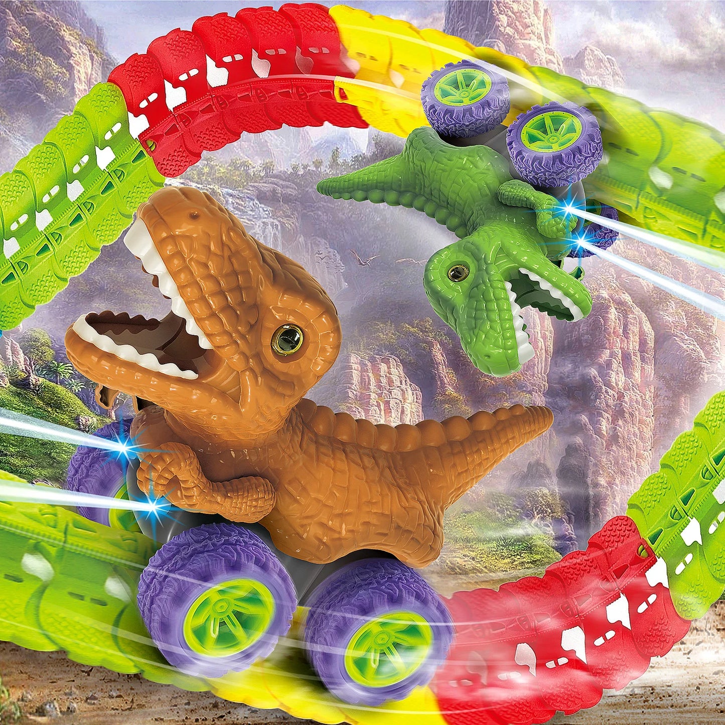 Dinosaur Track Cars for Boy Flexible Track with LED Light and Sound-Up Race Car Set Anti-Gravity Track Train Gift for Kid