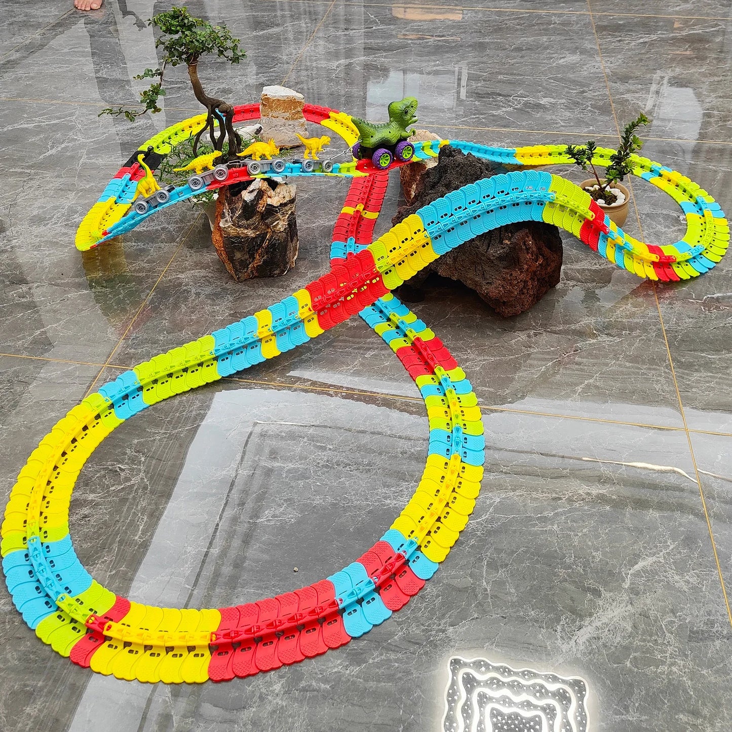 Dinosaur Track Cars for Boy Flexible Track with LED Light and Sound-Up Race Car Set Anti-Gravity Track Train Gift for Kid