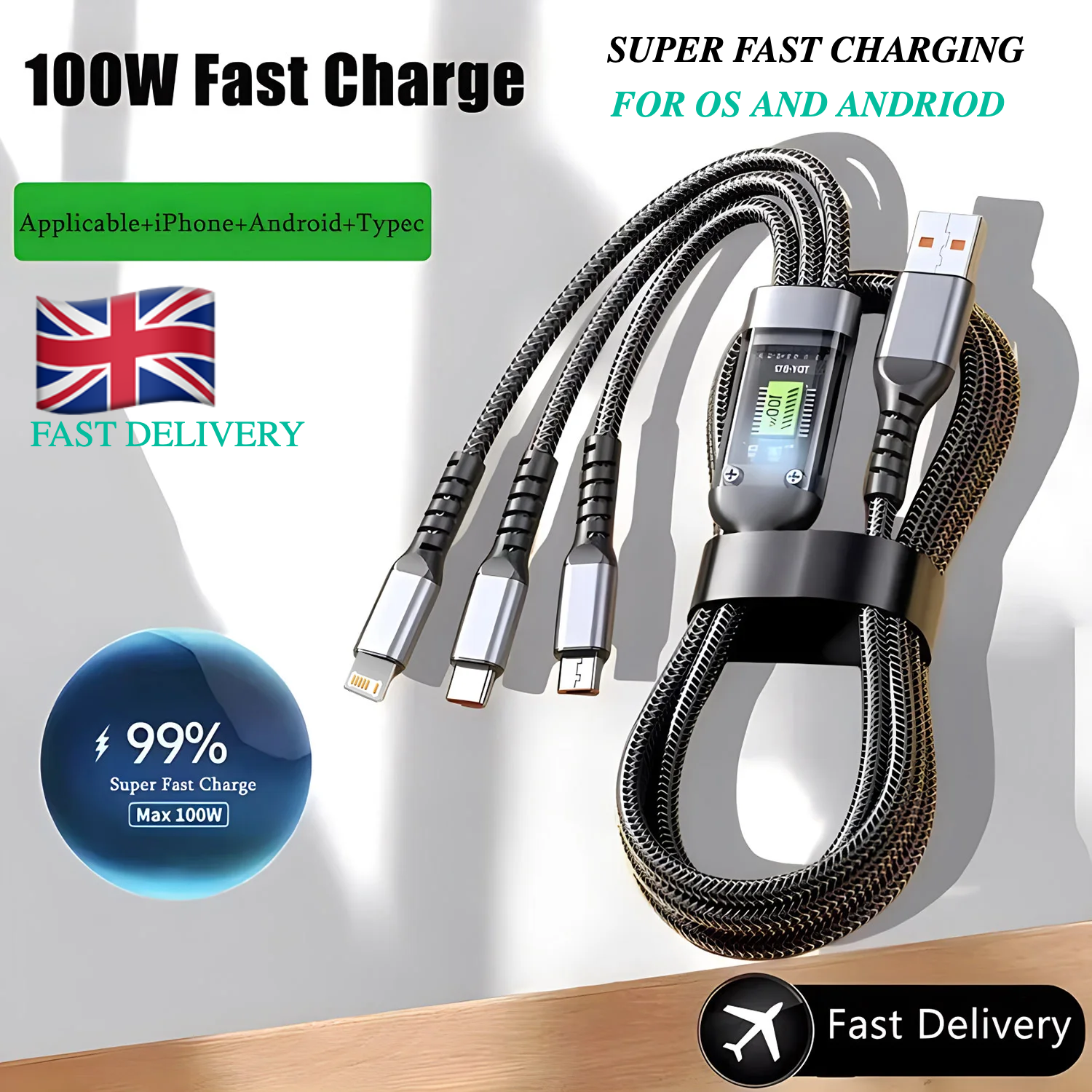 100w Super Fast Charging Cable, 3 in 1 Charging Cable, Universal with Type-C Micro for Samsung & Iphone 16 15 14 13 12 