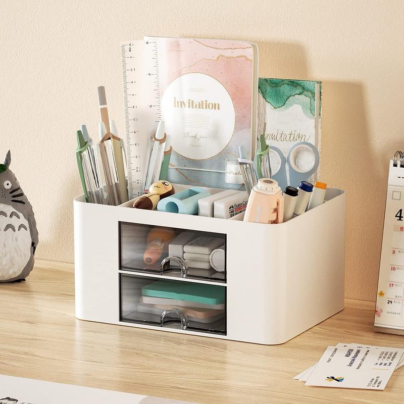 Pen Organizer with 2 Drawer, Multi-Functional Pencil Holder for Desk, Desk Organizers and Accessories with 5 Compartments + Drawer for Office Art Supplies (White)