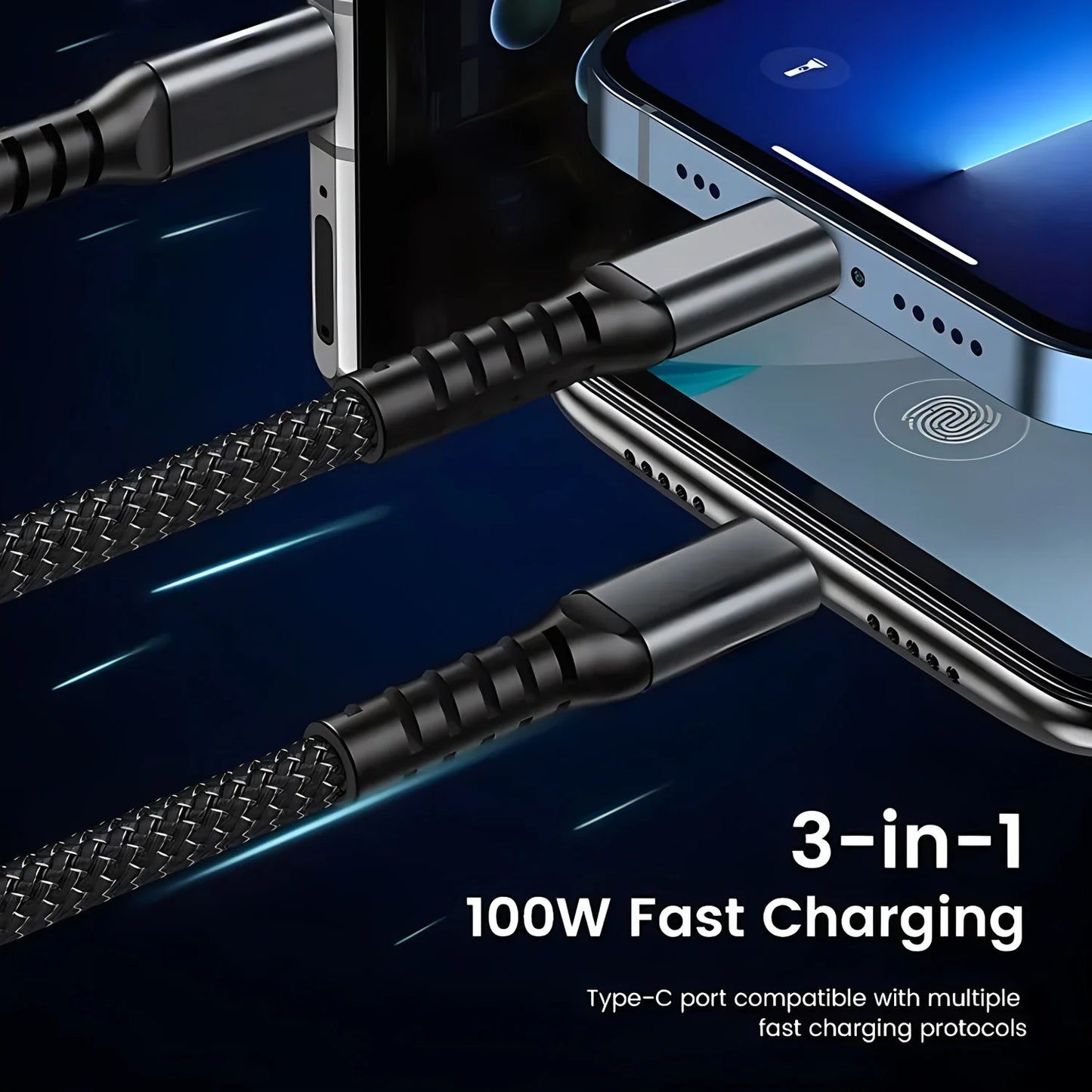 100w Super Fast Charging Cable, 3 in 1 Charging Cable, Universal with Type-C Micro for Samsung & Iphone 16 15 14 13 12 