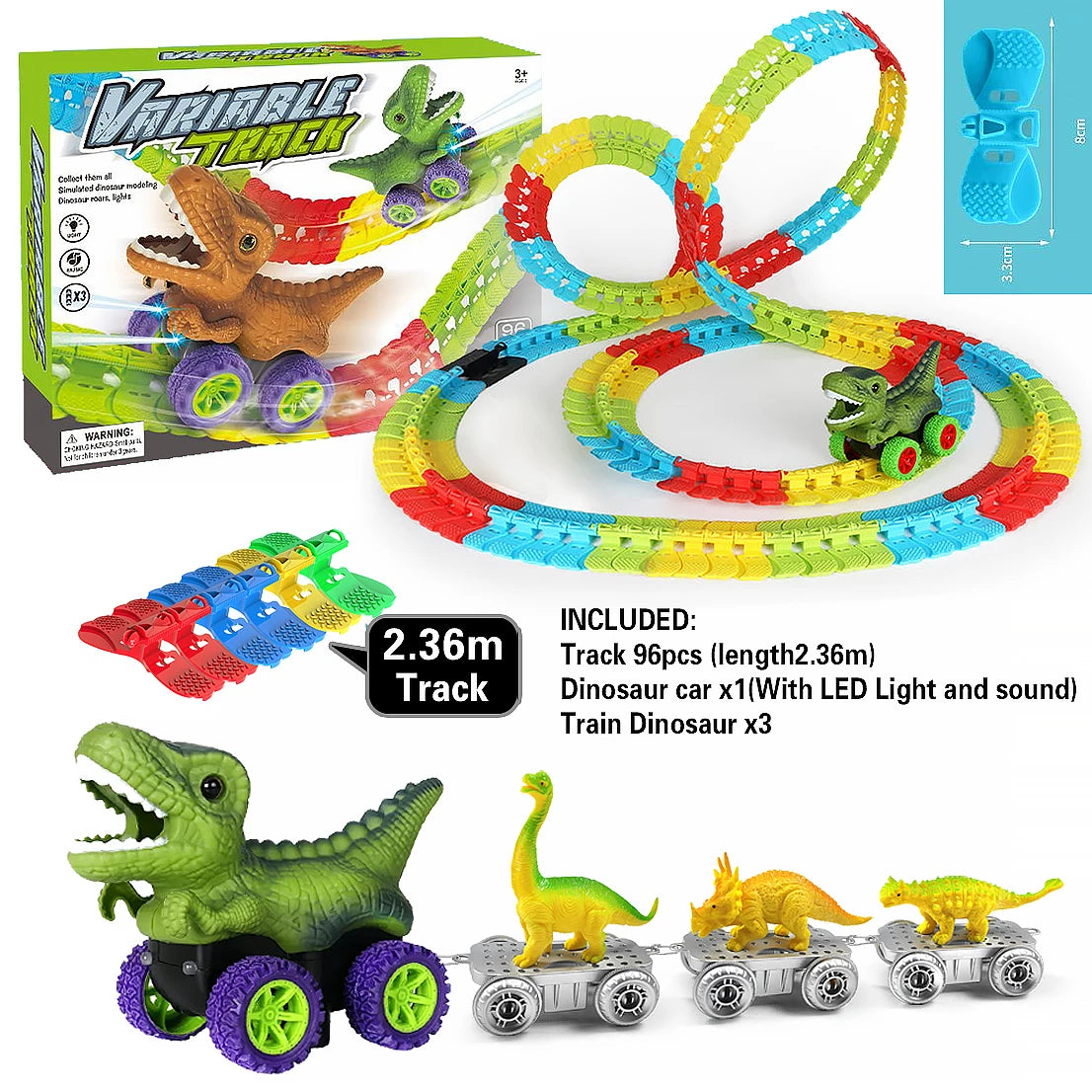 Dinosaur Track Cars for Boy Flexible Track with LED Light and Sound-Up Race Car Set Anti-Gravity Track Train Gift for Kid