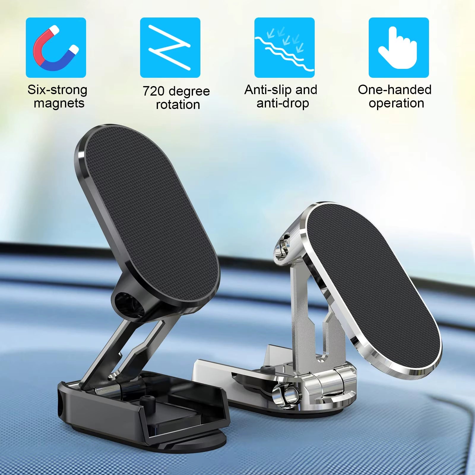 Metal Magnetic Car Mobile Phone Holder Folding Magnet Cell Phone Stand in Car GPS Support for Iphone Xiaomi 360° Rotatable Mount