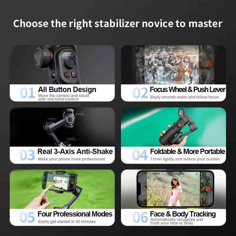 3-Axis Handheld Gimbal Stabilizer for Smartphone with Fill Light for Iphone Android Face Tracking