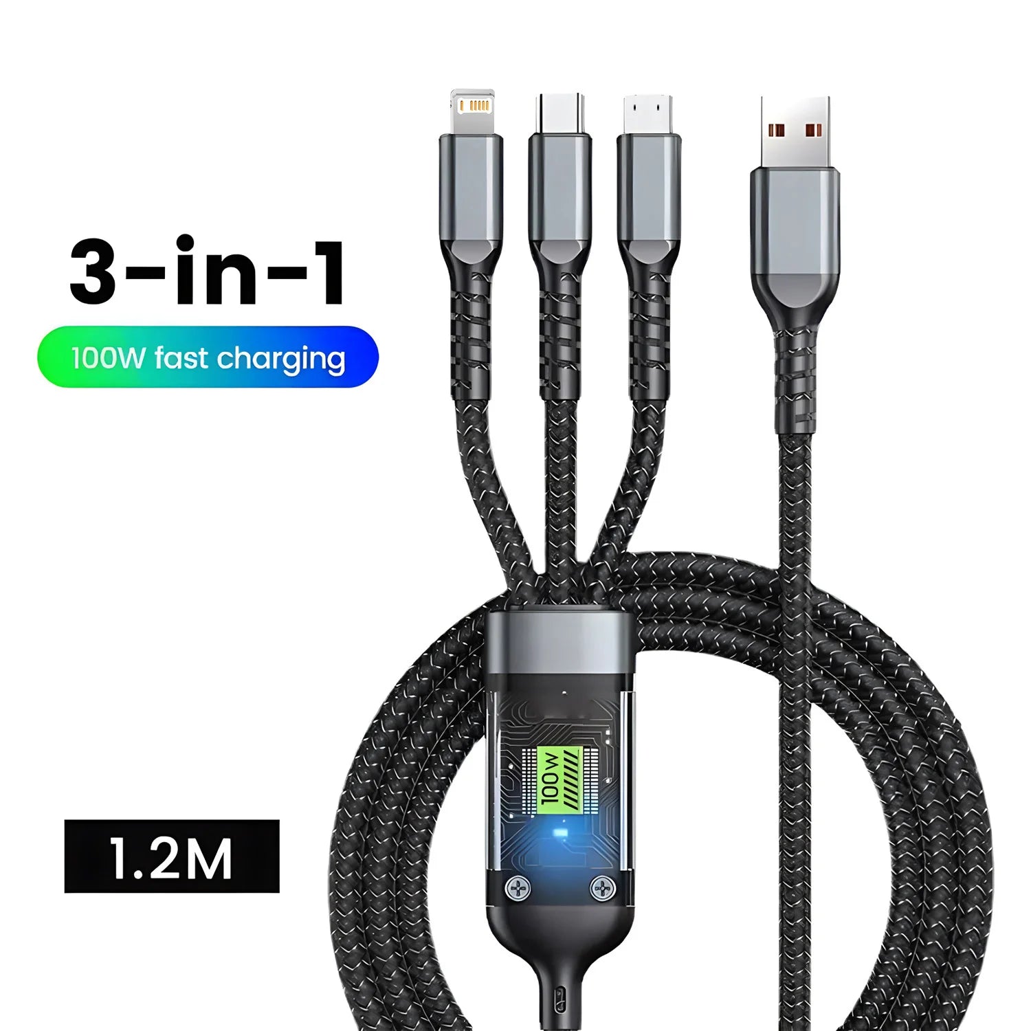 100w Super Fast Charging Cable, 3 in 1 Charging Cable, Universal with Type-C Micro for Samsung & Iphone 16 15 14 13 12 