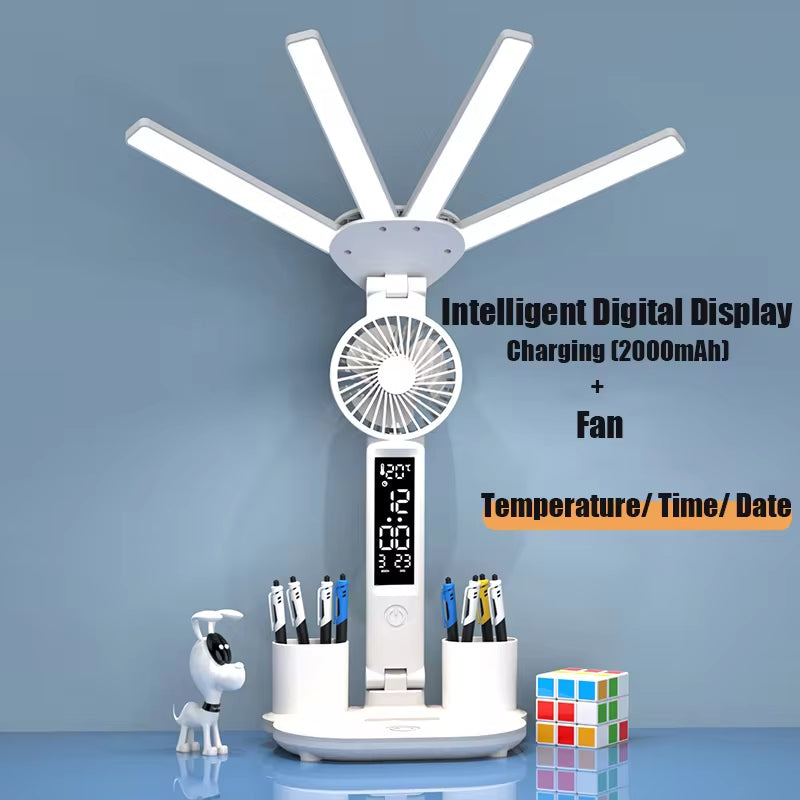 3In1 Multifunctional Desk Lamp LED Desk Lamp Four-Head Folding with Fan Calendar Clock USB Rechargeable Reading Office Desk Lamp