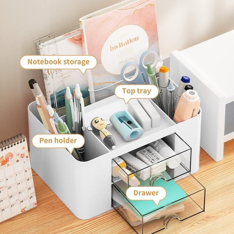 Pen Organizer with 2 Drawer, Multi-Functional Pencil Holder for Desk, Desk Organizers and Accessories with 5 Compartments + Drawer for Office Art Supplies (White)