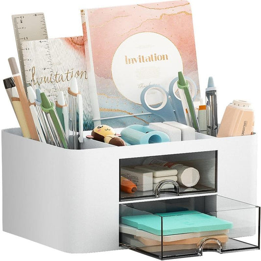 Pen Organizer with 2 Drawer, Multi-Functional Pencil Holder for Desk, Desk Organizers and Accessories with 5 Compartments + Drawer for Office Art Supplies (White)