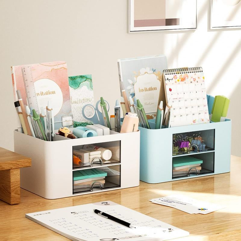 Pen Organizer with 2 Drawer, Multi-Functional Pencil Holder for Desk, Desk Organizers and Accessories with 5 Compartments + Drawer for Office Art Supplies (White)