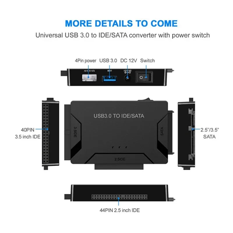 SATA/IDE to USB 3.0 Adapter Hard Drive Adapter Converter for Universal 2.5/3.5 Inch IDE SATA HDD SSD with 12V 2A Power Adapter