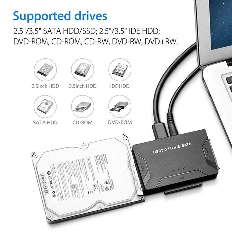 SATA/IDE to USB 3.0 Adapter Hard Drive Adapter Converter for Universal 2.5/3.5 Inch IDE SATA HDD SSD with 12V 2A Power Adapter