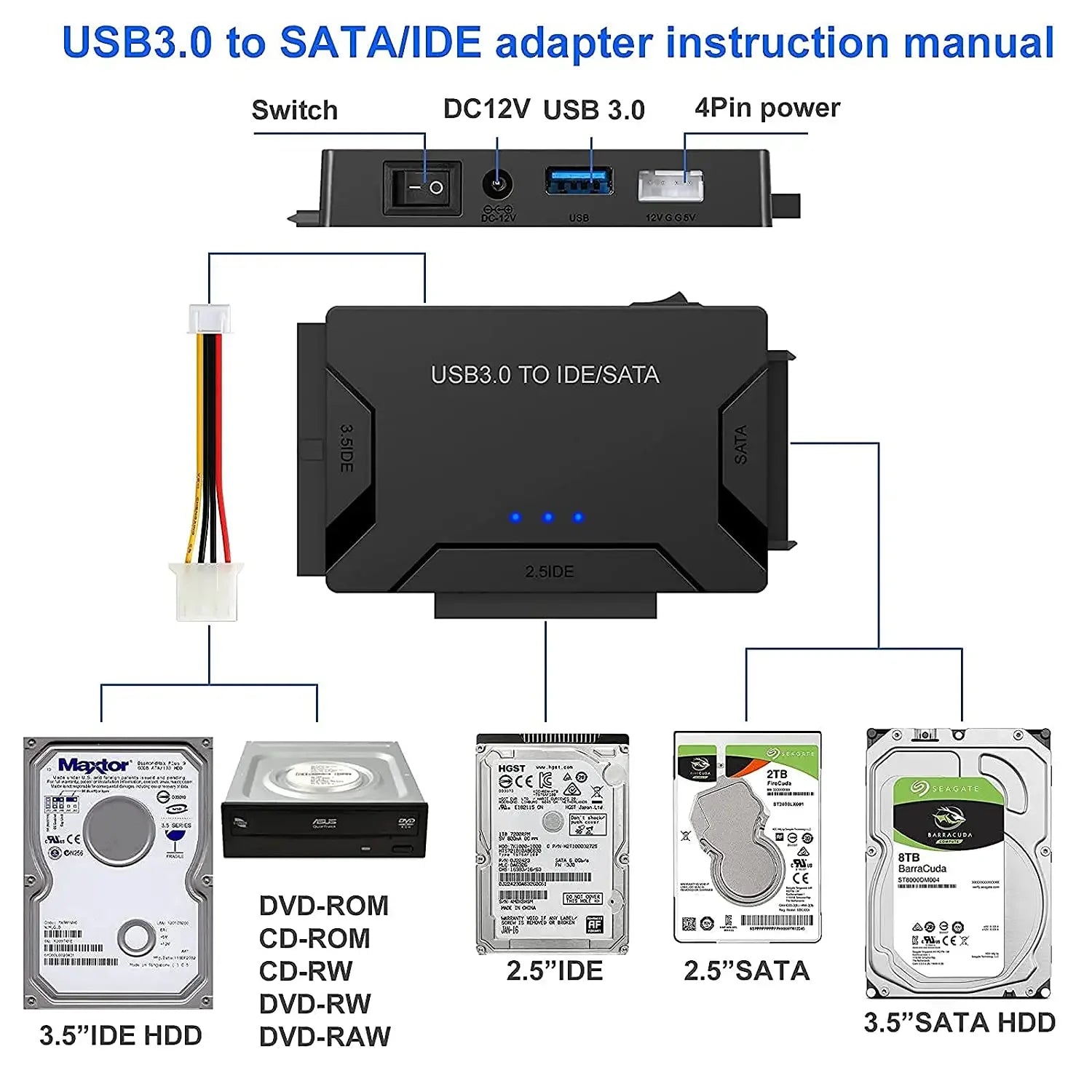 SATA/IDE to USB 3.0 Adapter Hard Drive Adapter Converter for Universal 2.5/3.5 Inch IDE SATA HDD SSD with 12V 2A Power Adapter