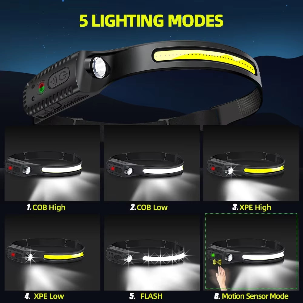 USB Rechargeable LED Sensor Headlamp XPE+COB Headlight Led Head Torch Camping Search Light Head Flashlight for Fishing Lantern