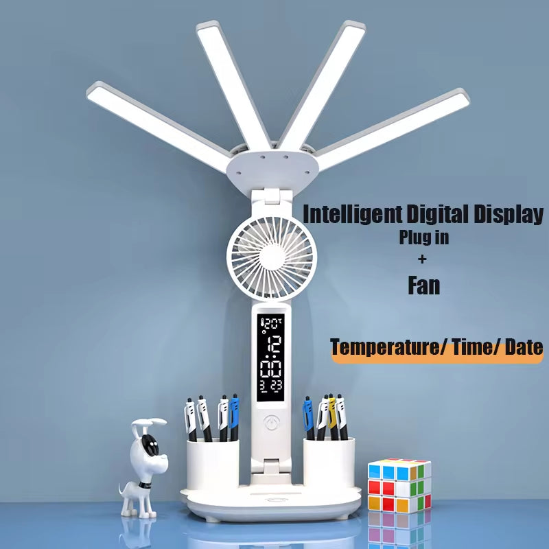 3In1 Multifunctional Desk Lamp LED Desk Lamp Four-Head Folding with Fan Calendar Clock USB Rechargeable Reading Office Desk Lamp