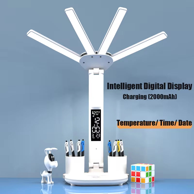 3In1 Multifunctional Desk Lamp LED Desk Lamp Four-Head Folding with Fan Calendar Clock USB Rechargeable Reading Office Desk Lamp