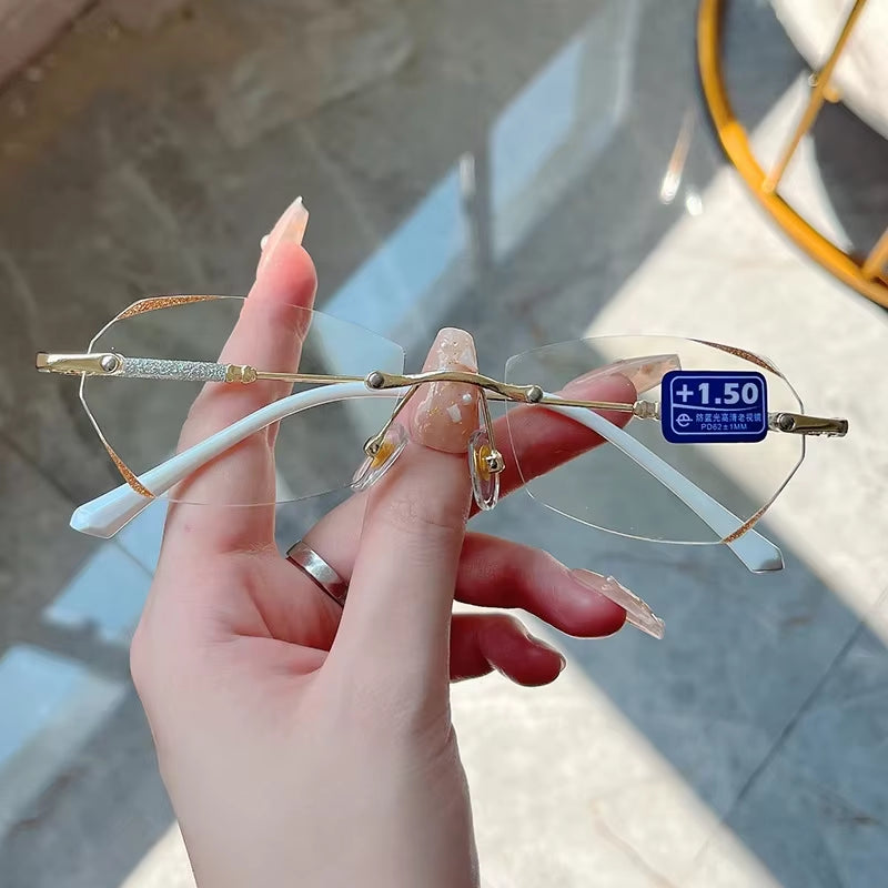 Diamond Cut Reading Glasses Luxury Rimless Anti-Blue Light Presbyopia Eyeglasses Finished Optical Farsighted Eyewear Diopter