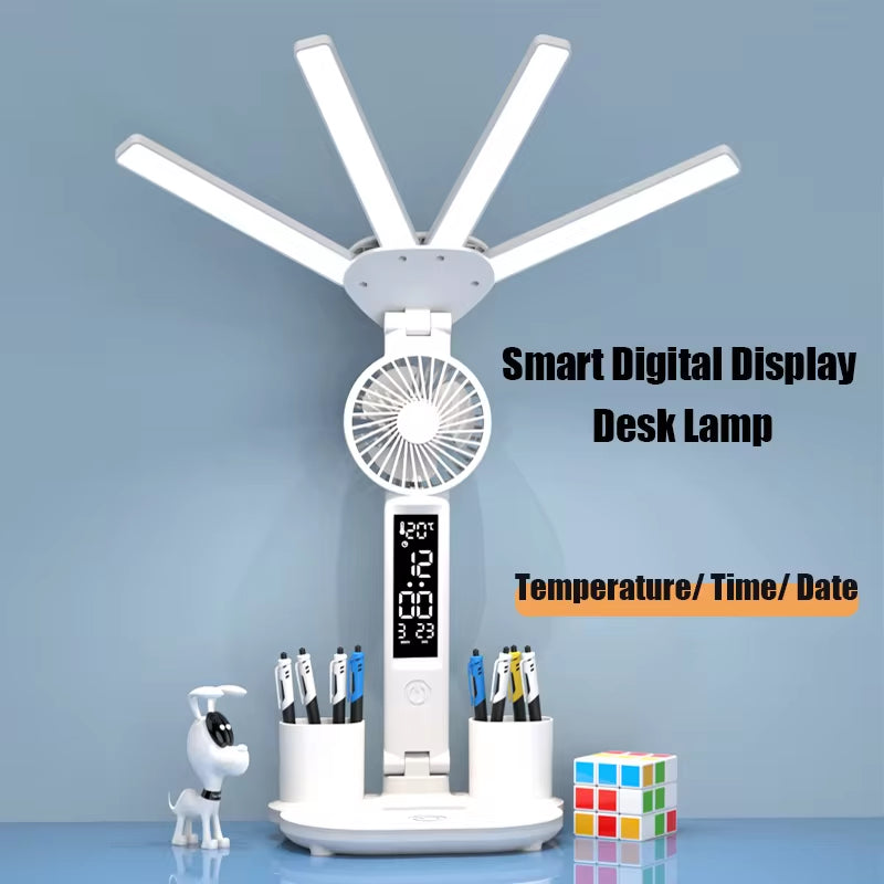 3In1 Multifunctional Desk Lamp LED Desk Lamp Four-Head Folding with Fan Calendar Clock USB Rechargeable Reading Office Desk Lamp